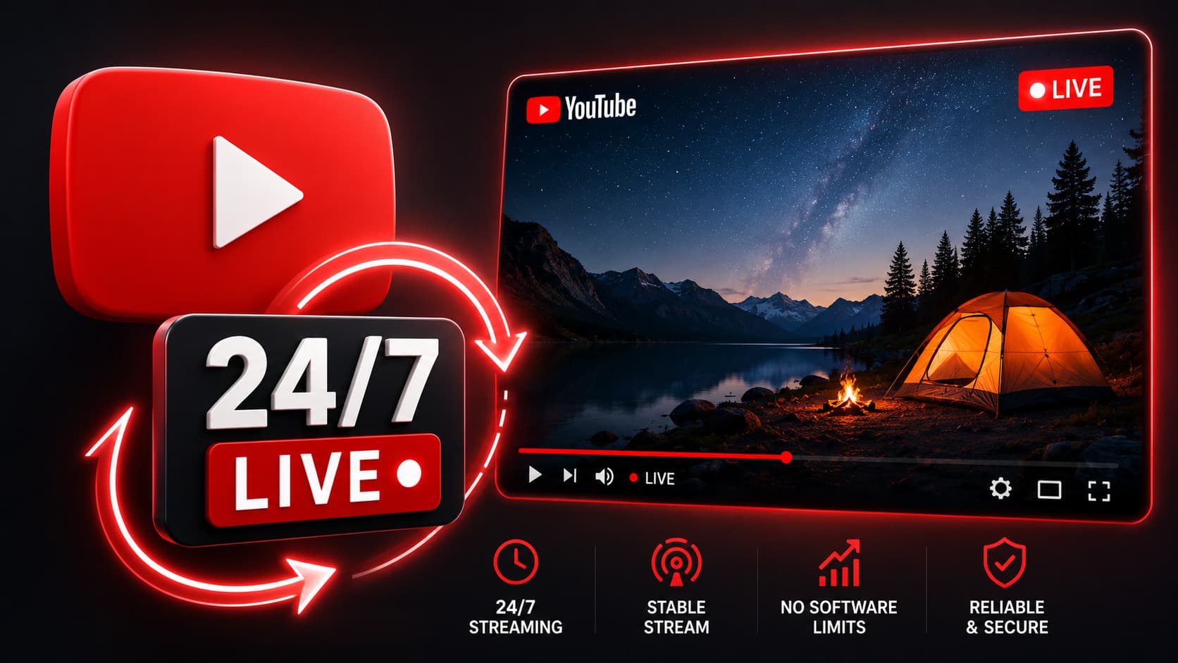 Bir içerik üreticisinin panelinde çalışan bir 7/24 YouTube canlı yayını