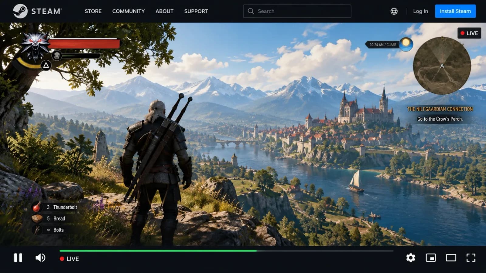 بث 24/7 على Steam للقطات لعب مسجّلة مسبقًا من لعبة عالم مفتوح، يُعرض في مشغّل Steam مع شارة LIVE