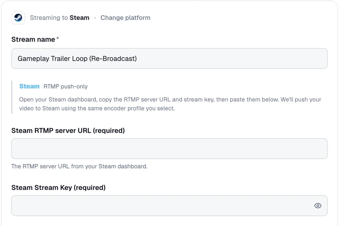 إعدادات البث في StreamHouse لـ Steam: اسم بث يحمل وسم Re-Broadcast، وحقلا عنوان خادم RTMP في Steam ومفتاح البث