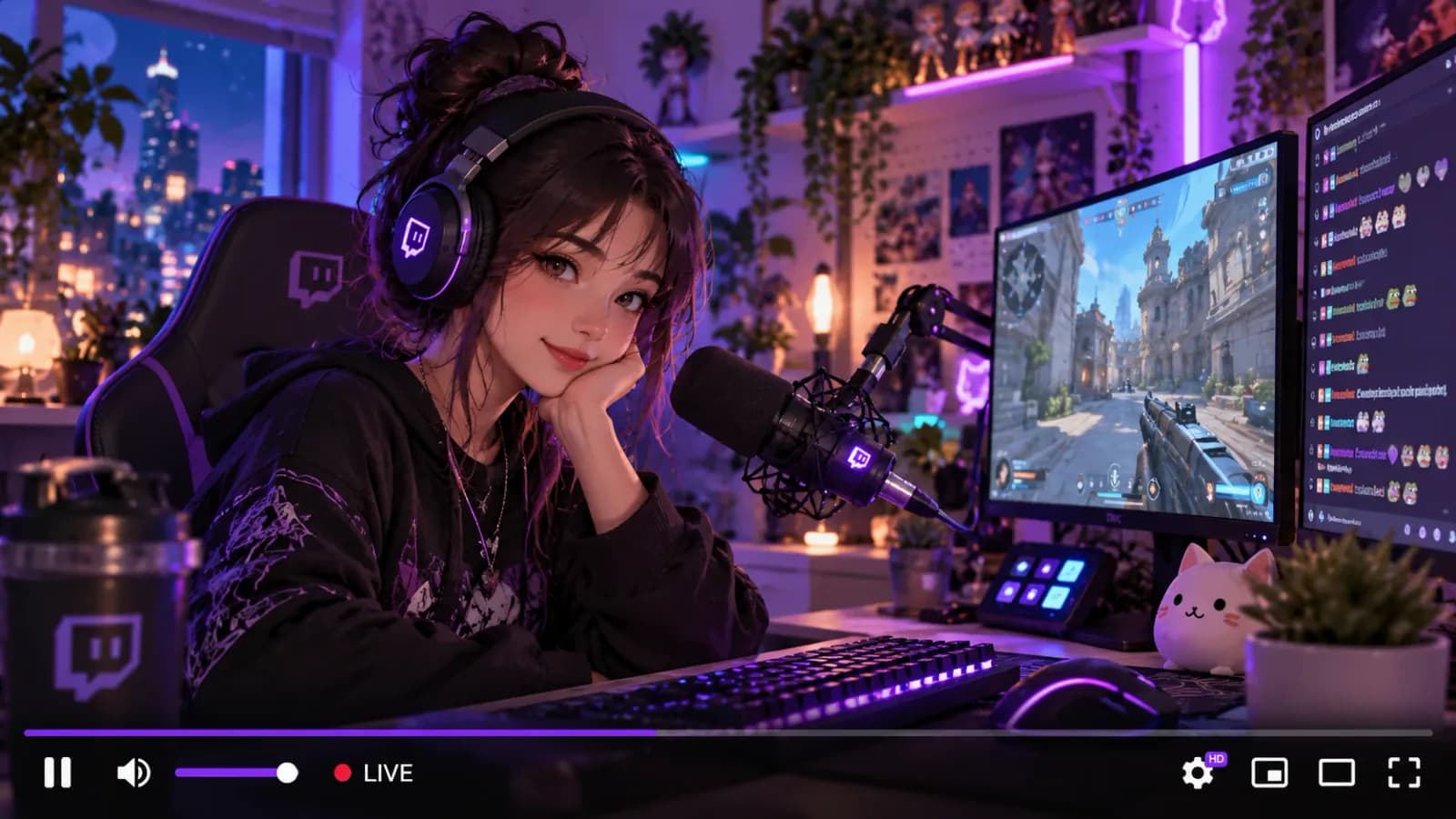 بث مباشر 24/7 على Twitch لفيديو ألعاب مسجّل مسبقًا مع دردشة مباشرة، يُعرض في المشغّل مع شارة LIVE