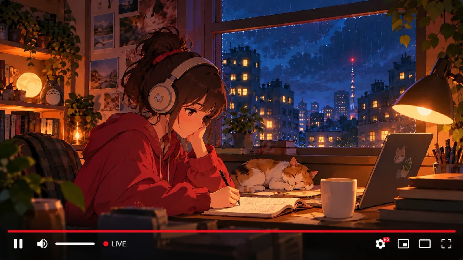 بث مباشر 24/7 على YouTube لفيديو lo-fi للدراسة مسجّل مسبقًا يُعرض في مشغّل YouTube مع شارة LIVE