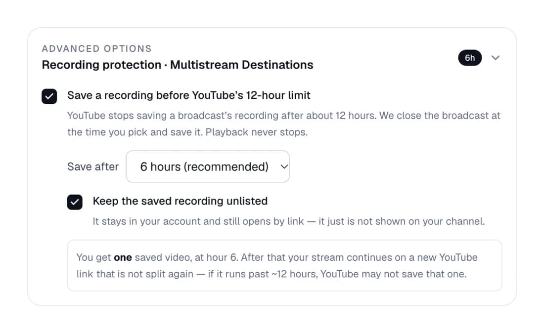 إعداد حماية تسجيلات YouTube في StreamHouse: حفظ تسجيل قبل حدّ الـ12 ساعة في YouTube، بعد 6 ساعات، ويبقى غير مدرج